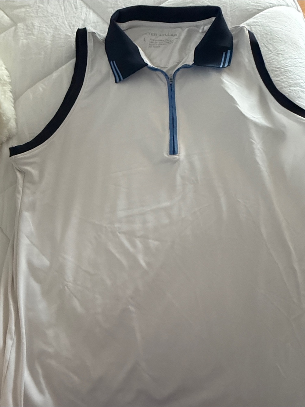 Peter Millar White Sleeveless Polo with Navy Collar and Light Blue Zip